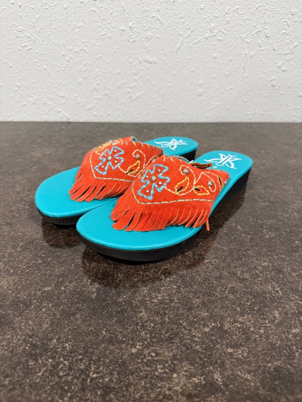 Turquoise Footbed Sandal with Orange Fringe Embroidery and Concho Studs Size 8 - Picture 2 of 9